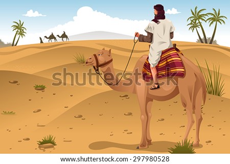 A vector illustration of Arabian riding camels on the desert