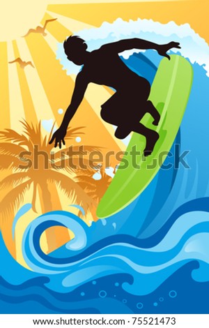 A vector illustration of a surfer surfing in the ocean