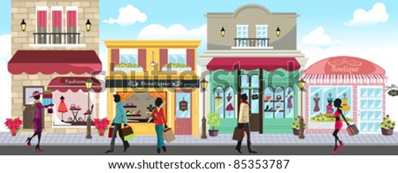 A Vector Illustration Of People Shopping In An Outdoor Shopping Mall