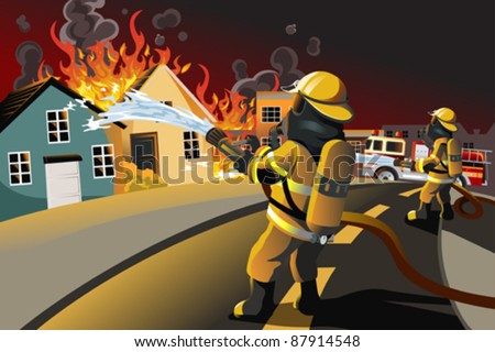 A vector illustration of firefighters trying to put out burning houses