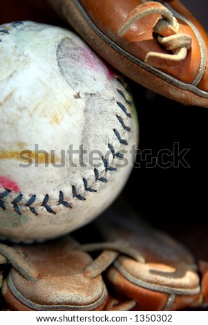 Well-worn softball in glove, long.