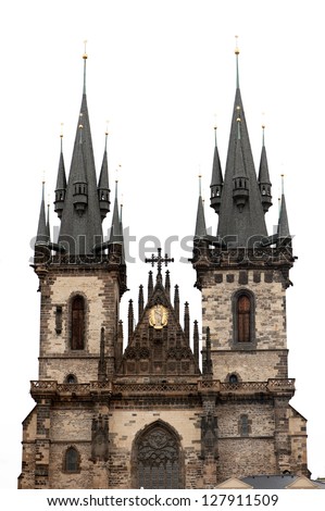 Tyn Church in Prague isolated on white background