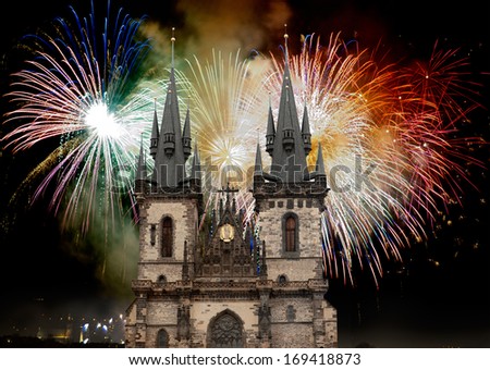 Tyn Church In Prague On The Background Of The New Year Fireworks