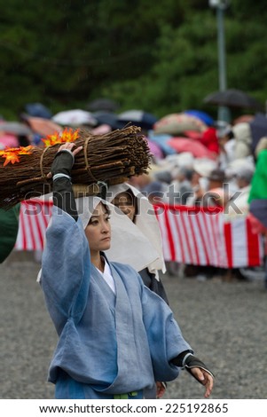 KYOTO, JAPAN - OCT 22: Unidentified participants at The Jidai Matsuri(historical parade) held on October 22(rainy day), 2014 in Kyoto, Japan. It is one of Kyoto's renowned three great festivals.