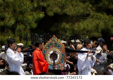 KYOTO, JAPAN - MAY 15: Unidentified participants at The Aoi Matsuri (Hollyhock Festival) held on May 15, 2011 in Kyoto, Japan . It is one of Kyoto\'s renowned three great festivals.