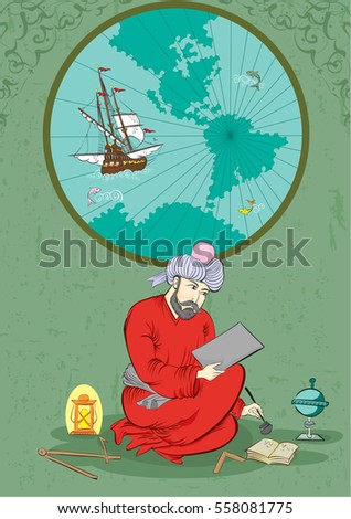 Illustration of an ancient man lives in Middle East, calculating the course of the war ship.\
Drawn in miniature style.