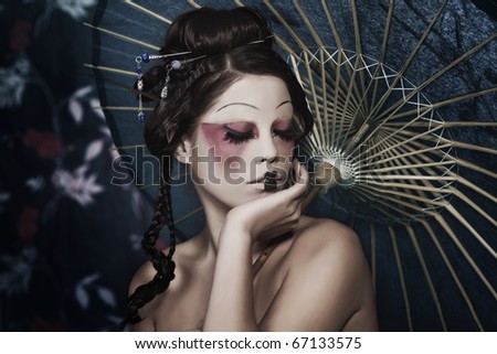 stylized picture of a Japanese geisha, make-up done by professional Polish artist