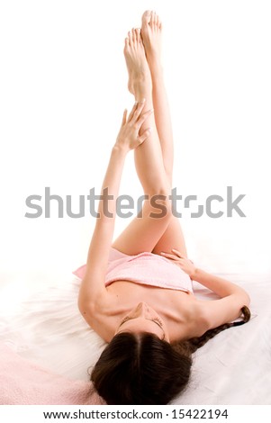 stock photo attractive girl in towel showing her beautiful legs