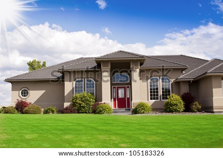 Modern House Designs on Beautiful Modern Design House Home With Blue Sky And Green Grass Stock