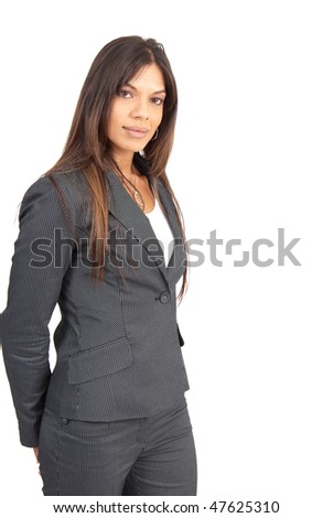 Beautiful brunette businesswoman in pinstripe suit talking on her cellphone. Isolated on white background with copy space