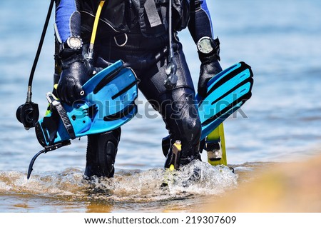 Scuba diver after the dive is beached