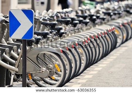 Group of bicycles in the row on the street of Paris