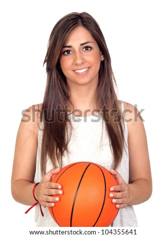 Atractive girl with a basketball ball isolated on white background
