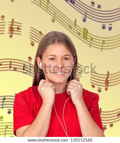 Young Woman with Headphones listening music with musical notes of background
