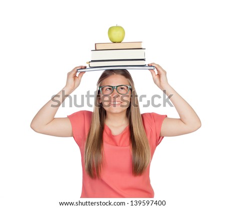College student charged with books on her head isolated on white background