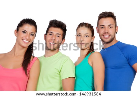 Happy friends with colored sportswear isolated on white background