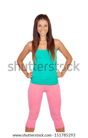 Funny girl in sportswear isolated on white background
