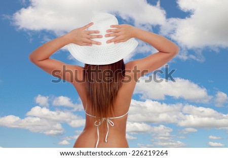 Sexy girl back in bikini with a blue sky of background