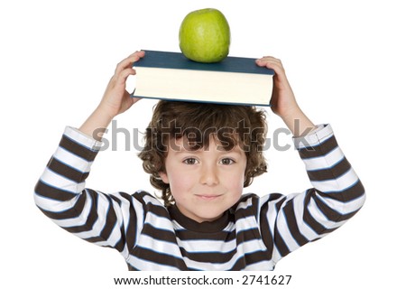 Adorable child studying with books and apple in the head a over white background