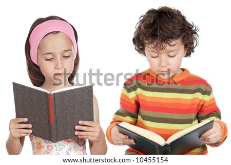 stock photo : Children reading a book a over white background