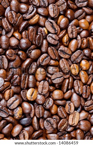 Coffee beans background - focus in the first plane -