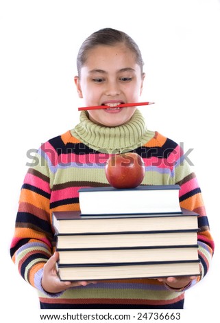 Busy girl student with many books and a pencil in her mouth isolated over white