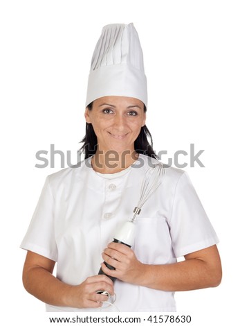 Pretty cook girl with a mixer isolated on white background