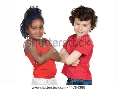 Two beautiful children of different races isolated on a over white background