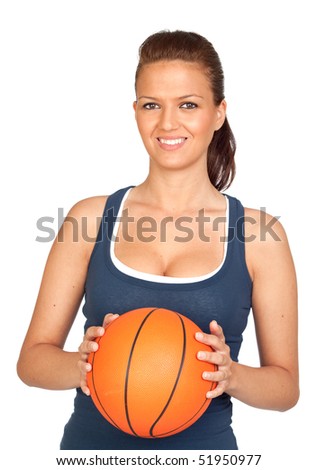 Attractive girl with basketball isolated on a over white background