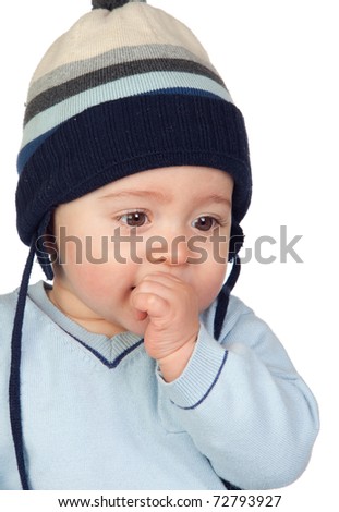 baby wool cap. stock photo : Beautiful aby with wool cap isolated on white background