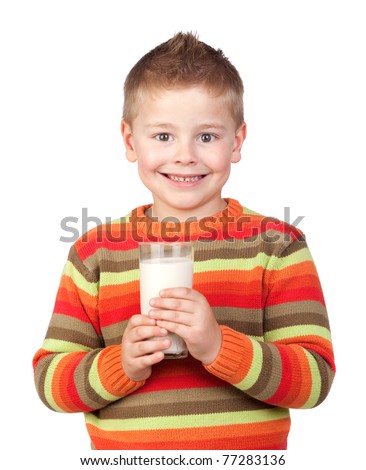 Beautiful child with glass of milk isolated on white background