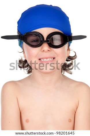 Funny boy with glasses and hat swimmer ready to learn to swim isolated on blano