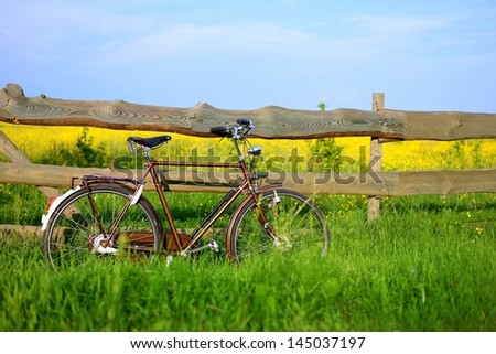 Old vintage brown bicycle near the fence of a flower field. Shal