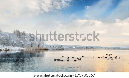 Beautiful winter lake landscape in Latvia