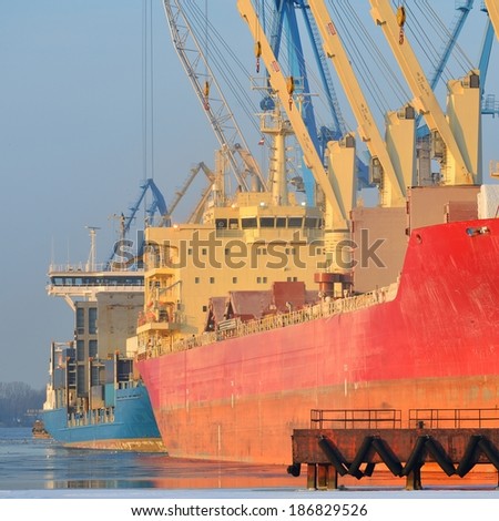 cargo ships (Bulk carriers) loading in cargo terminal of Riga