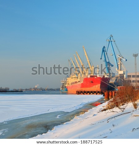 cargo ships (Bulk carriers) loading in cargo terminal of Riga