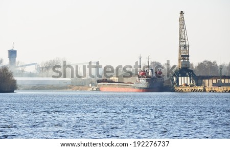Ship in cargo port terminal. Riga terminal, Latvia