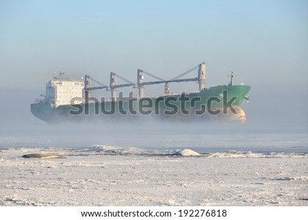 Cargo ship (Bulk carrier) sailing. Riga, Latvia