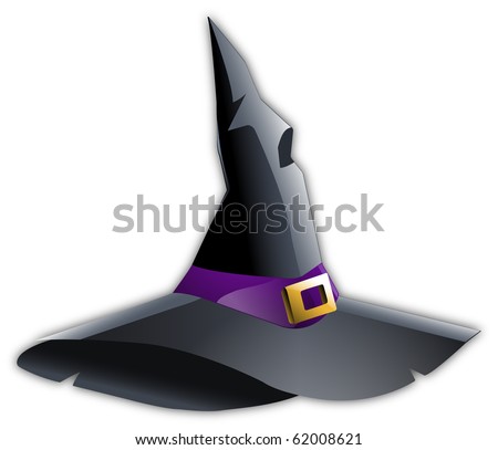 Black Witch Hat with Purple Ribbon and Gold Buckle