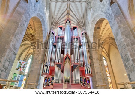 EDINBURGH, SCOTLAND - MAY 8: Modern church organ in St Giles\' Cathedral in Edinburgh, the mother church of world presbyterianism, May 8, 2012 in Edinburgh