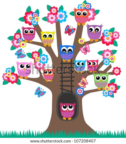 a tree full of owls - stock vector