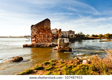 Tejo river and one of their old water mills. Portugal