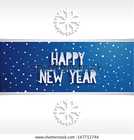 Horizontal banner Happy new year with volume text on blue background and two snowflakes. Raster illustration
