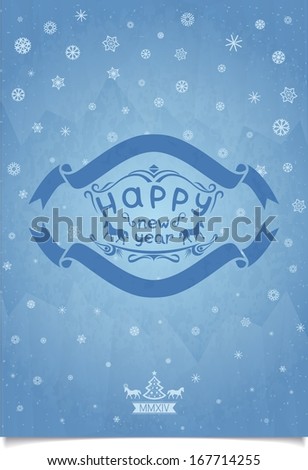 Abstract happy new year vintage card with snowflakes on blue ice textured background. Raster illustration