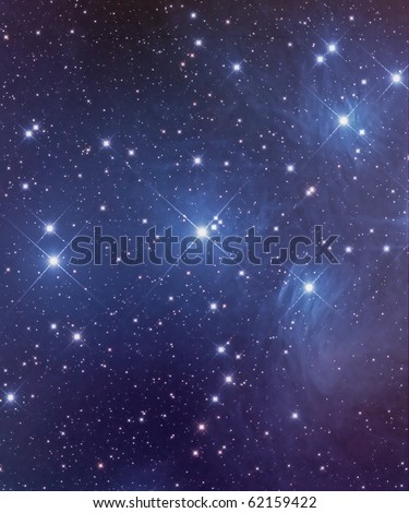 Pleiades Star Cluster, M45, Seven Sisters, An Open Cluster in Taurus