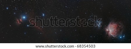 Wide Field View of the Horse Head and Flame and the Orion Nebula