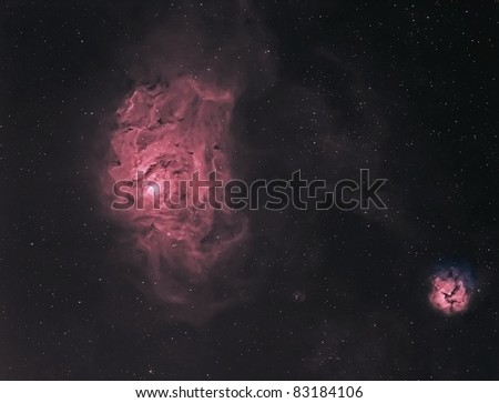 The Lagoon and Trifid Nebulae in Hydrogen and Oxygen False Color