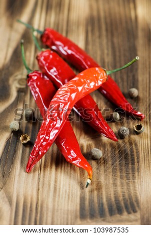 Dried red hot chili peppers and black pepper
