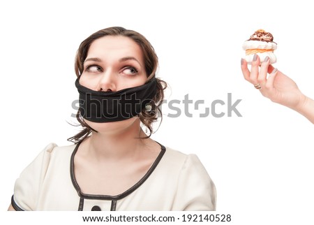 Gagged plus size woman seduced with pastry