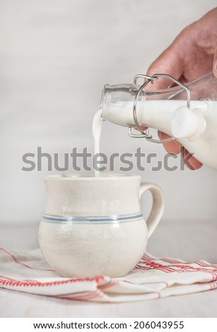 Man hand pouring milk from bottle